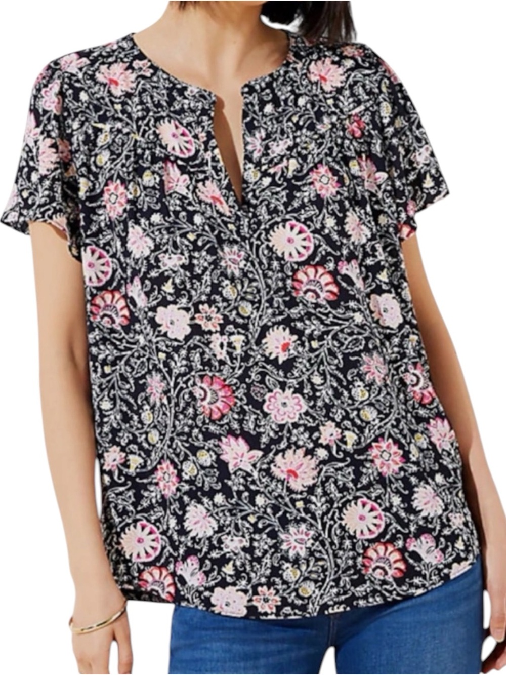 LOFT Mixed Media Floral Blouse Dark Navy Pink Woven Front Knit Back Top Medium